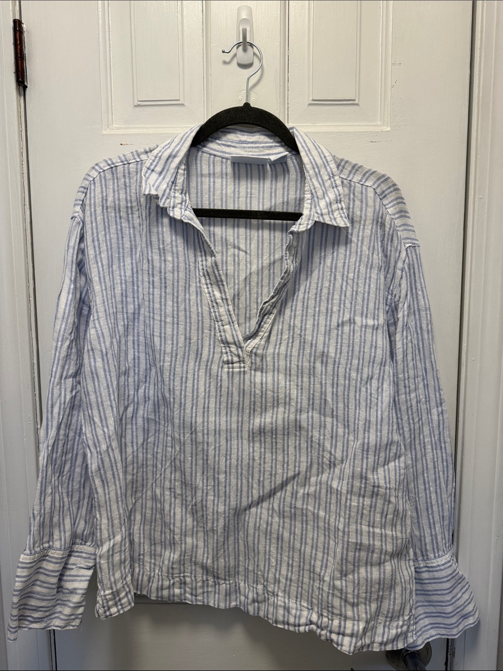 Martha Stewart White and Light Blue Striped Linen Top